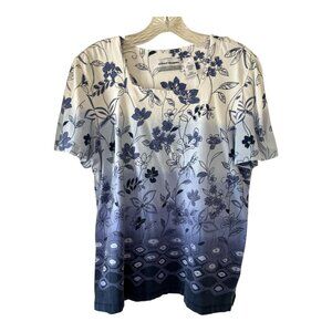 Alfred Dunner Petite Floral Ombre Top Blue White Dragonfly Print PL